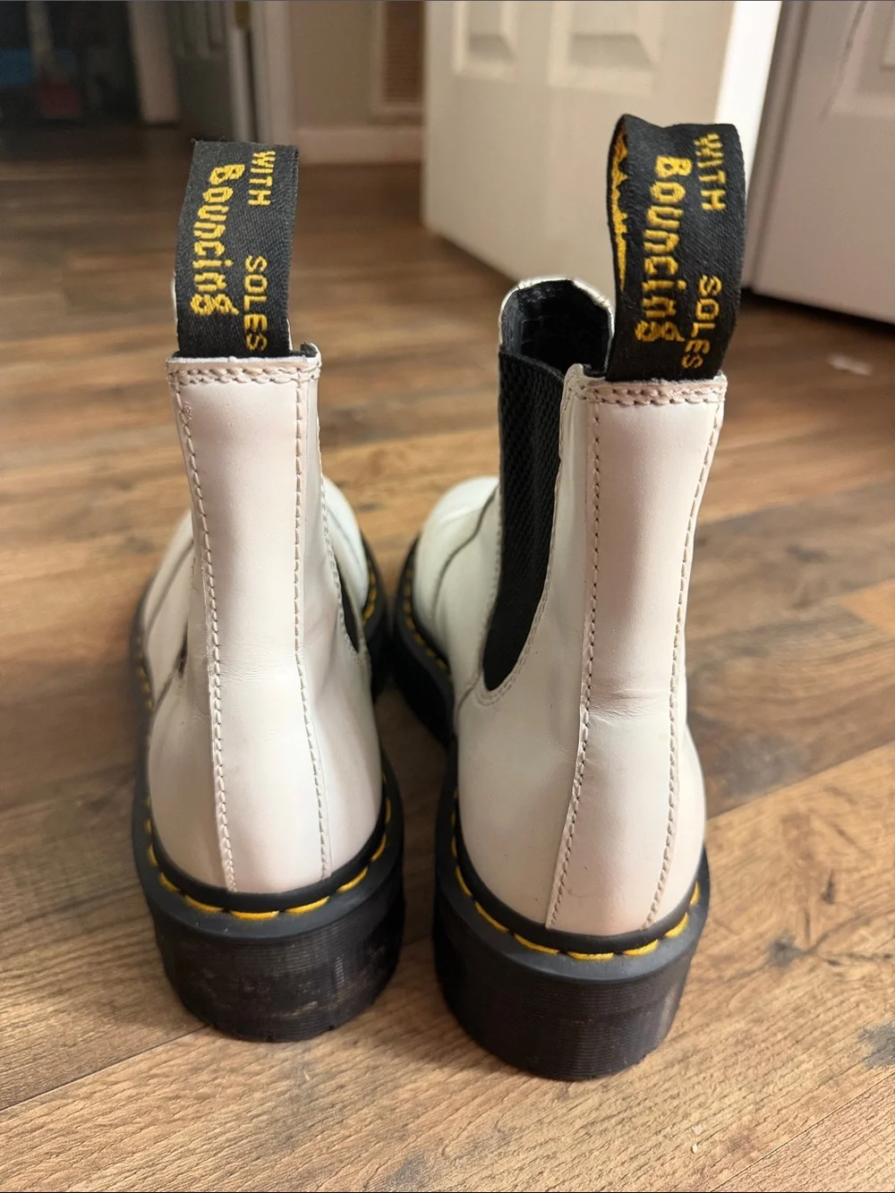 Dr. Martens White Leather Chelsea Lug Boots with Yellow Stitching